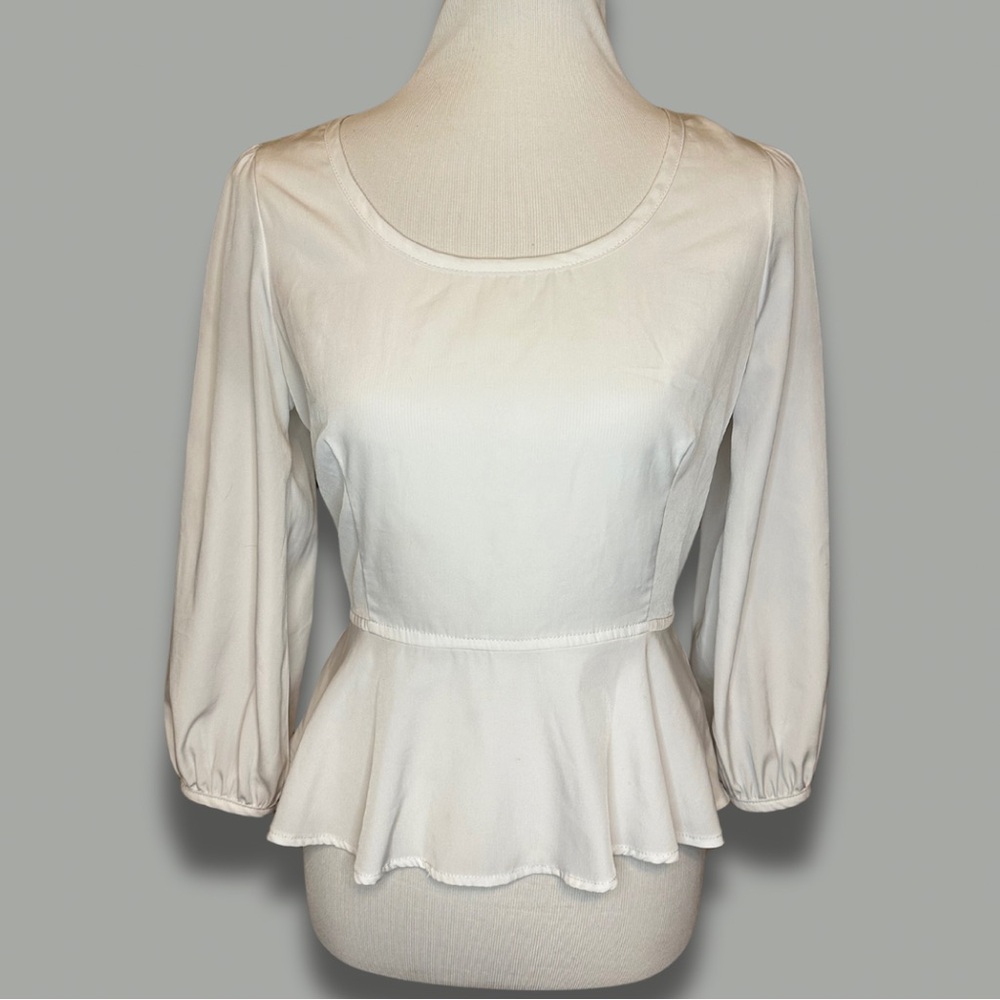 Foreign Exchange White Lantern Sleeve Peplum Top (size M)